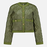 The MONCLER Libellule Water Repellent Quilted Jacket, in olive green with a round collar, gold snap buttons, two front pockets, and geometric stitching, offers a sleek feminine puffer style against a plain white background.