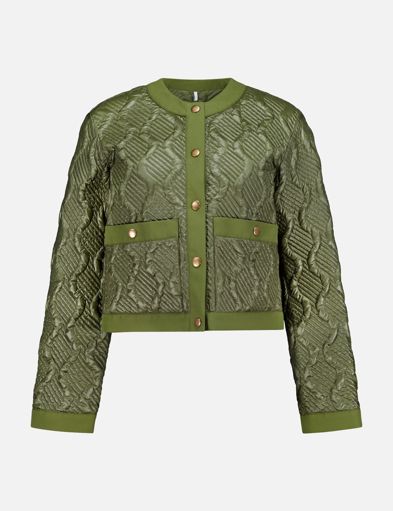 The MONCLER Libellule Water Repellent Quilted Jacket, in olive green with a round collar, gold snap buttons, two front pockets, and geometric stitching, offers a sleek feminine puffer style against a plain white background.