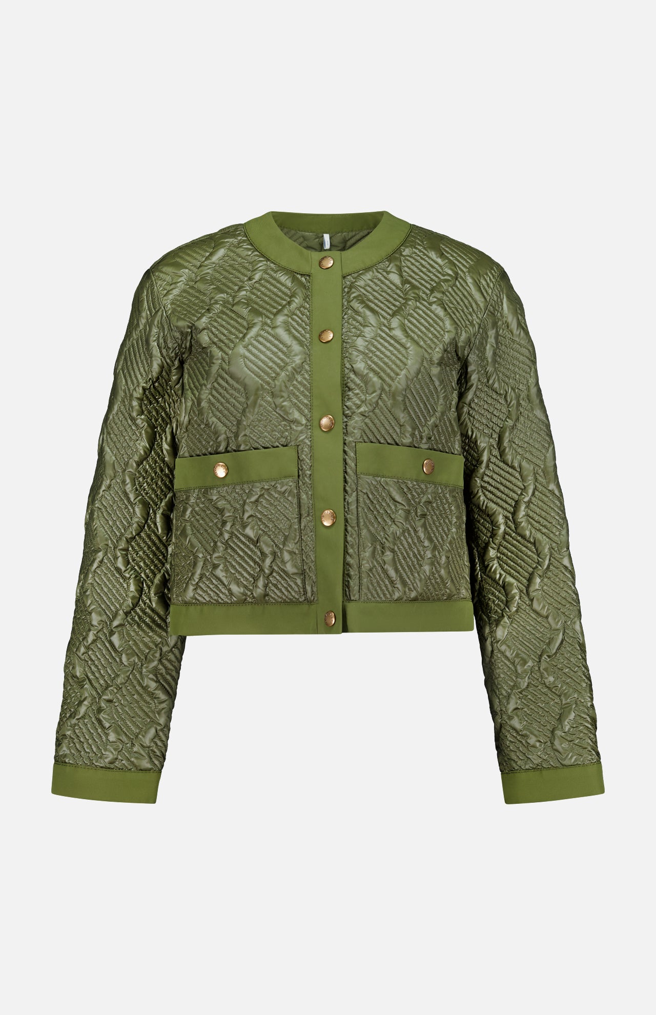 The MONCLER Libellule Water Repellent Quilted Jacket, in olive green with a round collar, gold snap buttons, two front pockets, and geometric stitching, offers a sleek feminine puffer style against a plain white background.