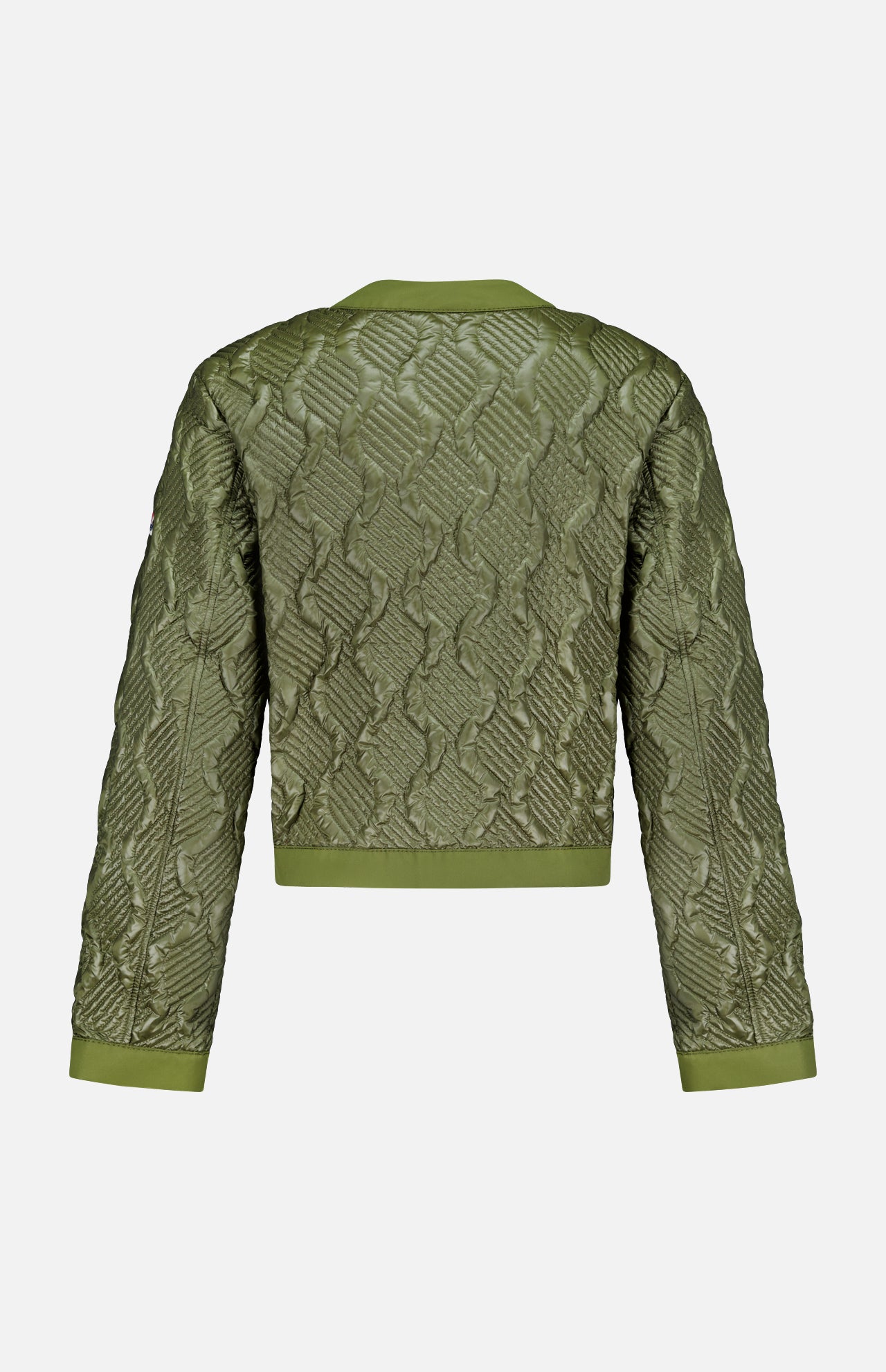 The MONCLER Libellule Water Repellent Quilted Jacket features a feminine olive green design with a geometric quilted pattern, long sleeves, and solid green trim at the cuffs, hem, and neckline, displayed from the back against a light background.