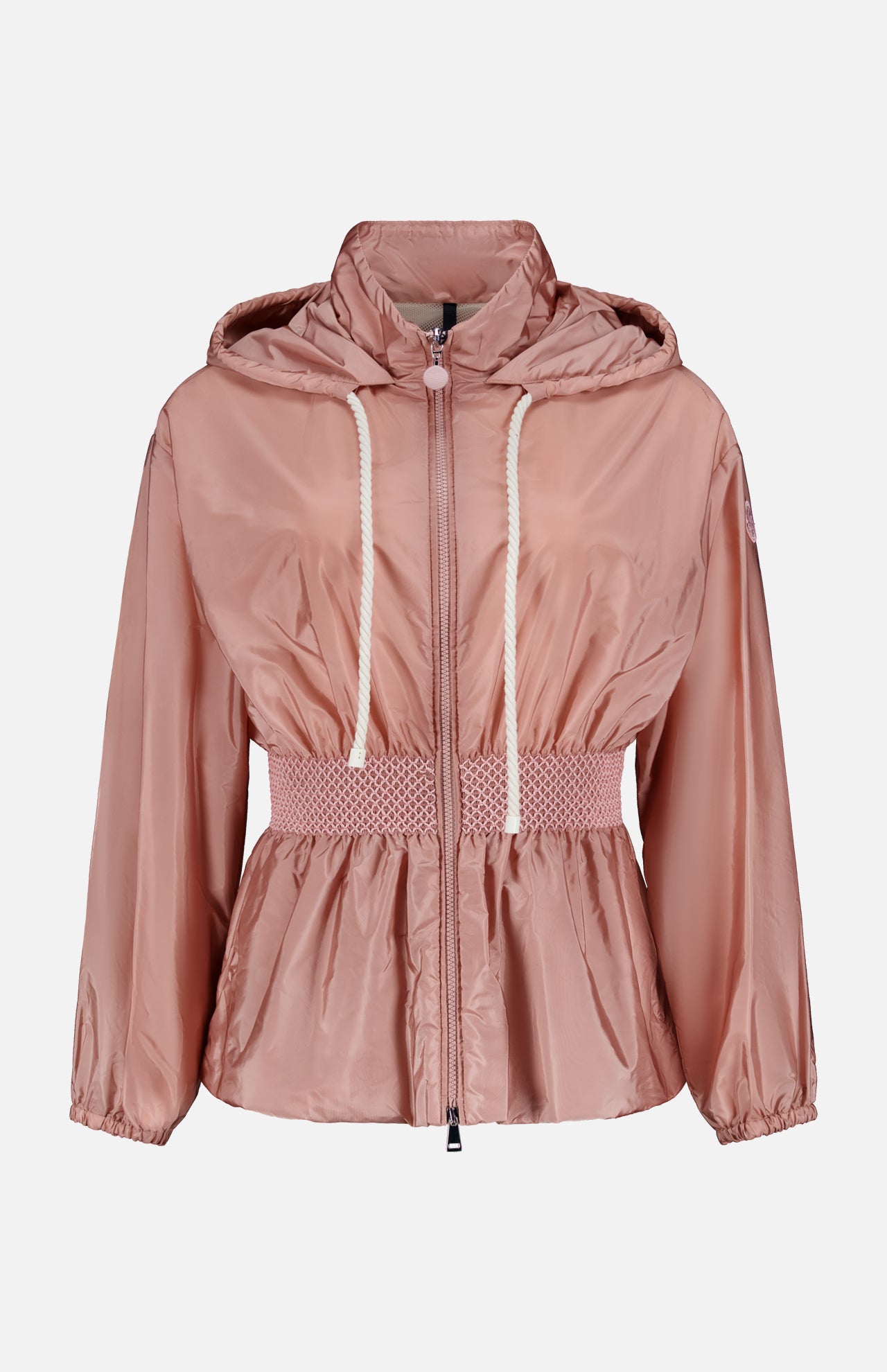 The MONCLER Liriope Hooded Rain Jacket in light pink features a shiny finish, front zipper, white drawstrings, smocked elastic waist, and long sleeves with elastic cuffs. Shown against a plain white background. High-performance outerwear at its finest.
