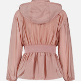 The MONCLER Liriope Hooded Rain Jacket in light pink features a gathered elastic waistband and long sleeves. Shown from the back against a white background, it's perfect high-performance outerwear for all seasons.