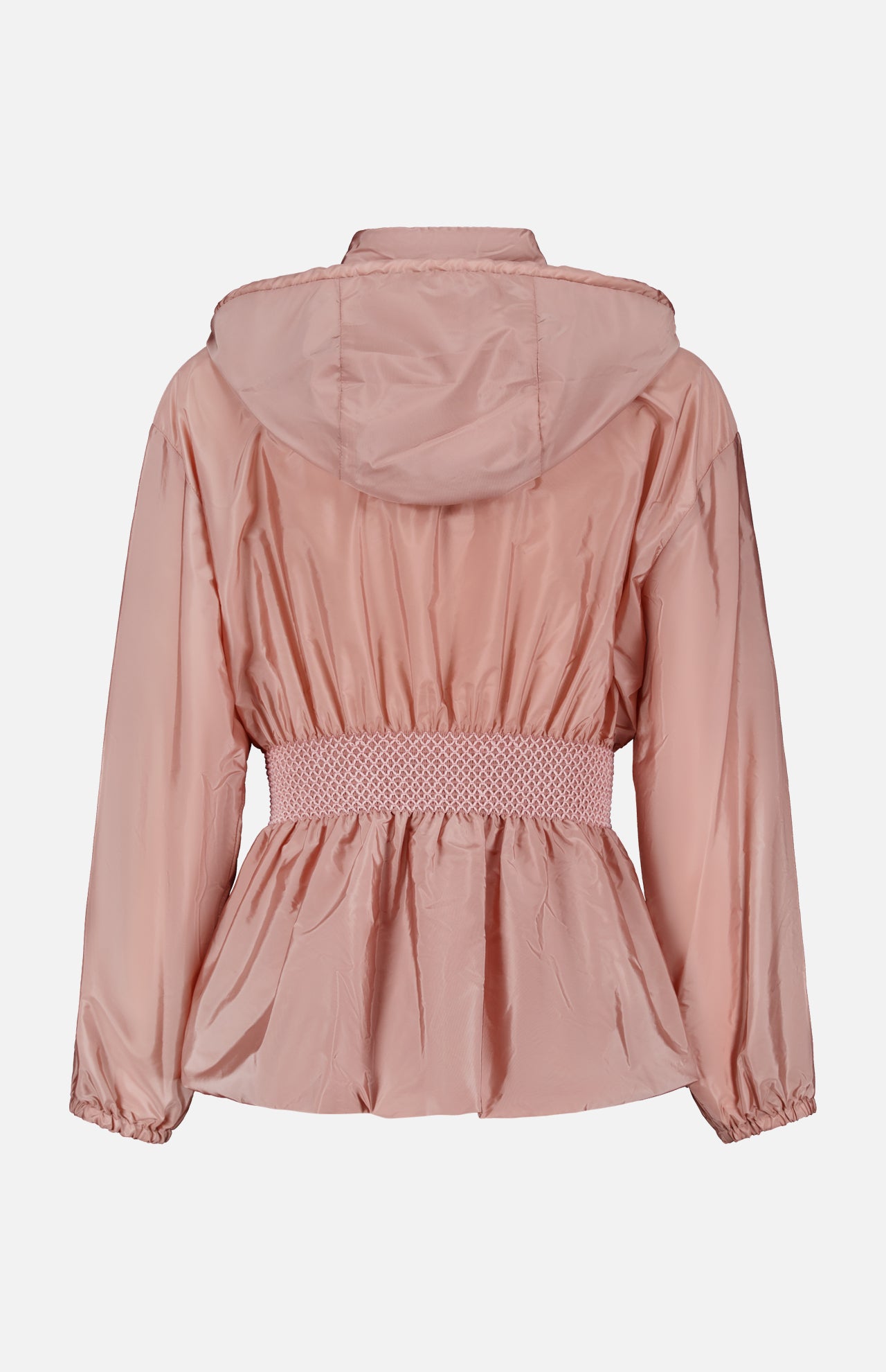 The MONCLER Liriope Hooded Rain Jacket in light pink features a gathered elastic waistband and long sleeves. Shown from the back against a white background, it's perfect high-performance outerwear for all seasons.