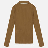 The MONCLER Long Sleeve Stitched Polo is shown from the back, featuring a ribbed knit design, collar, and white trim along the neckline—blending classic style and women's designer polo elegance.