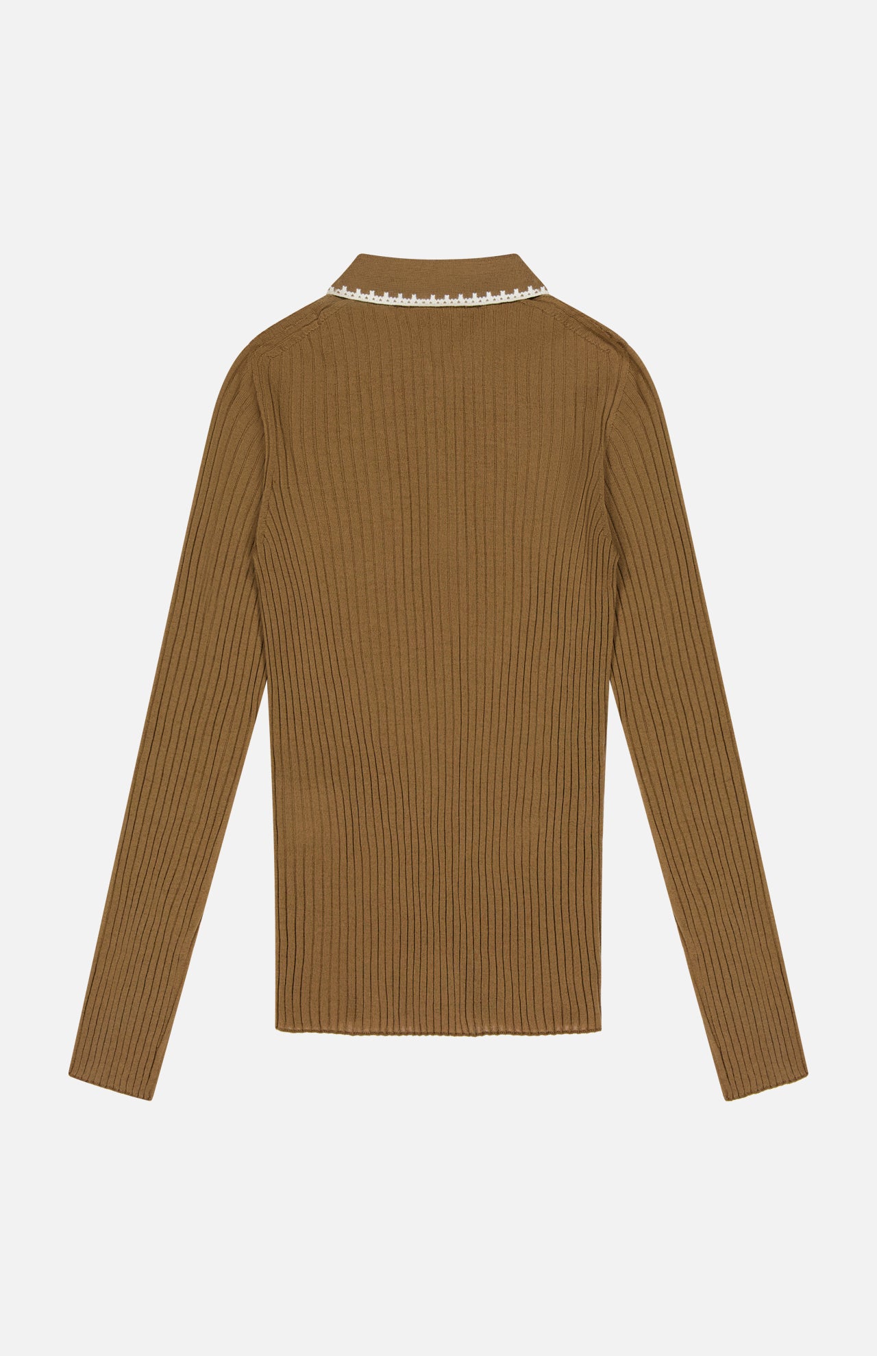The MONCLER Long Sleeve Stitched Polo is shown from the back, featuring a ribbed knit design, collar, and white trim along the neckline—blending classic style and women's designer polo elegance.