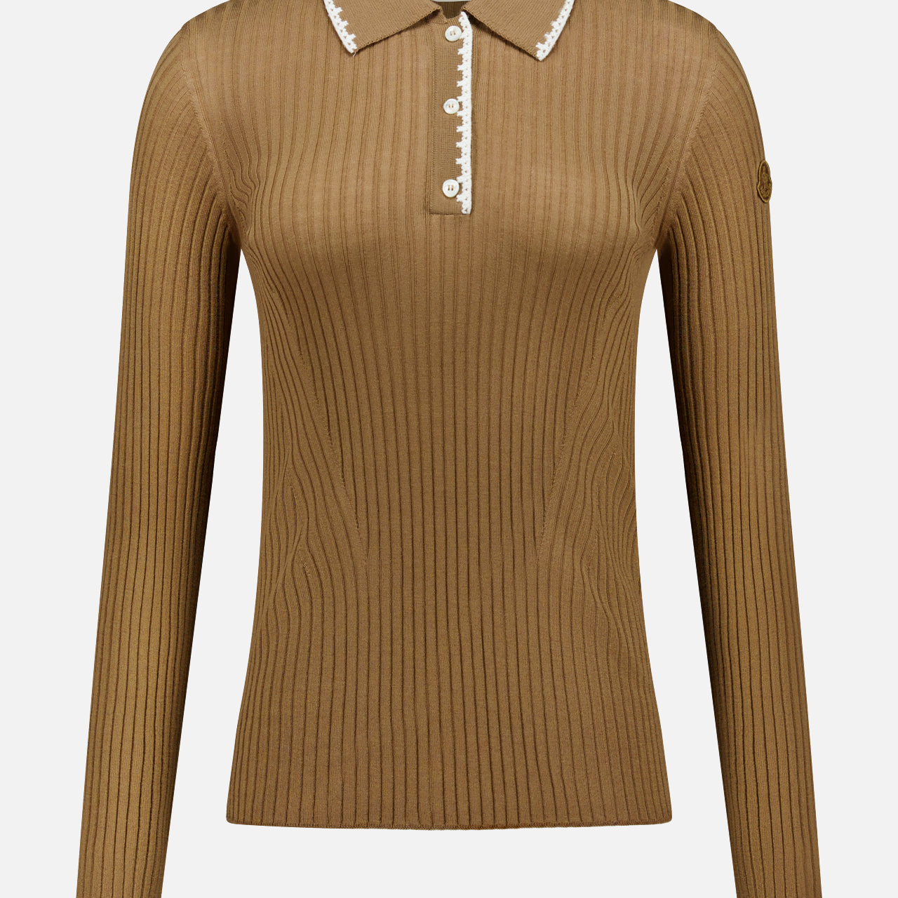 The MONCLER Long Sleeve Stitched Polo features ribbed, light brown wool with a white-trimmed collar and button placket, shown on a plain white background.