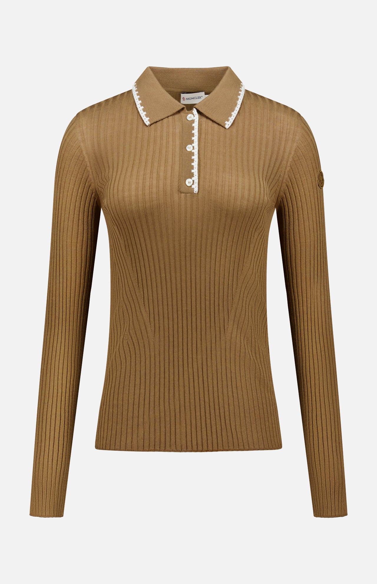 The MONCLER Long Sleeve Stitched Polo features ribbed, light brown wool with a white-trimmed collar and button placket, shown on a plain white background.