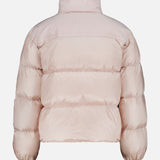 A light pink Meditation Puffer Jacket by MONCLER, featuring a high collar and elastic cuffs, is shown from the back against a plain white background.