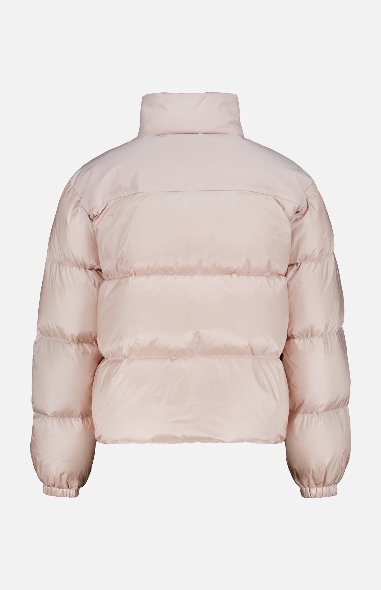 A light pink Meditation Puffer Jacket by MONCLER, featuring a high collar and elastic cuffs, is shown from the back against a plain white background.