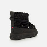 Black mid-calf Moncler Altive Mid Snow Boots with a textured fabric upper, rope lacing system, and a thick Vibram MEGAGRIP lugged rubber sole.