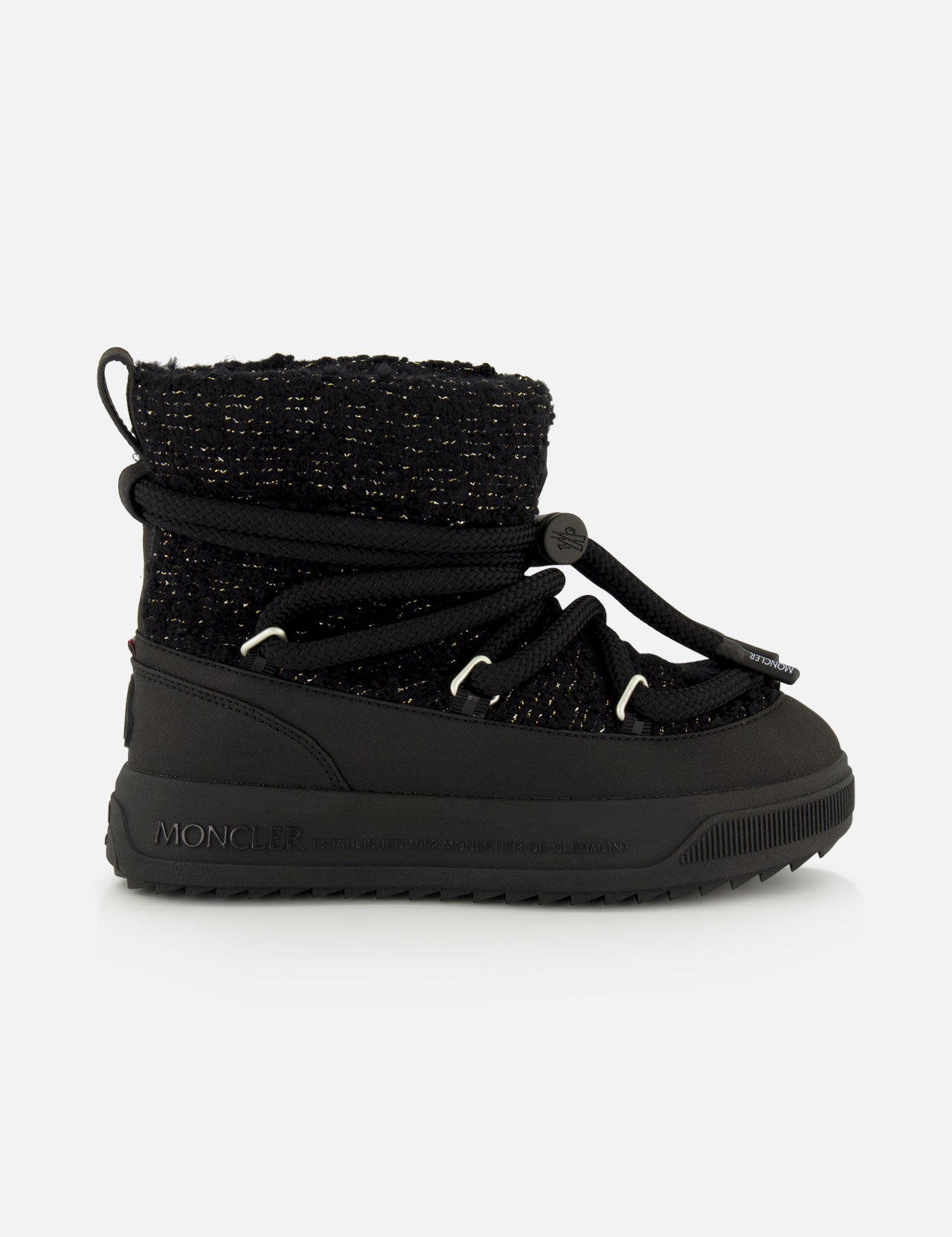 Black Moncler Altive Mid Snow Boots with a textured mid-calf upper, wraparound rope laces, and a thick, high-performance Vibram MEGAGRIP lugged rubber sole.