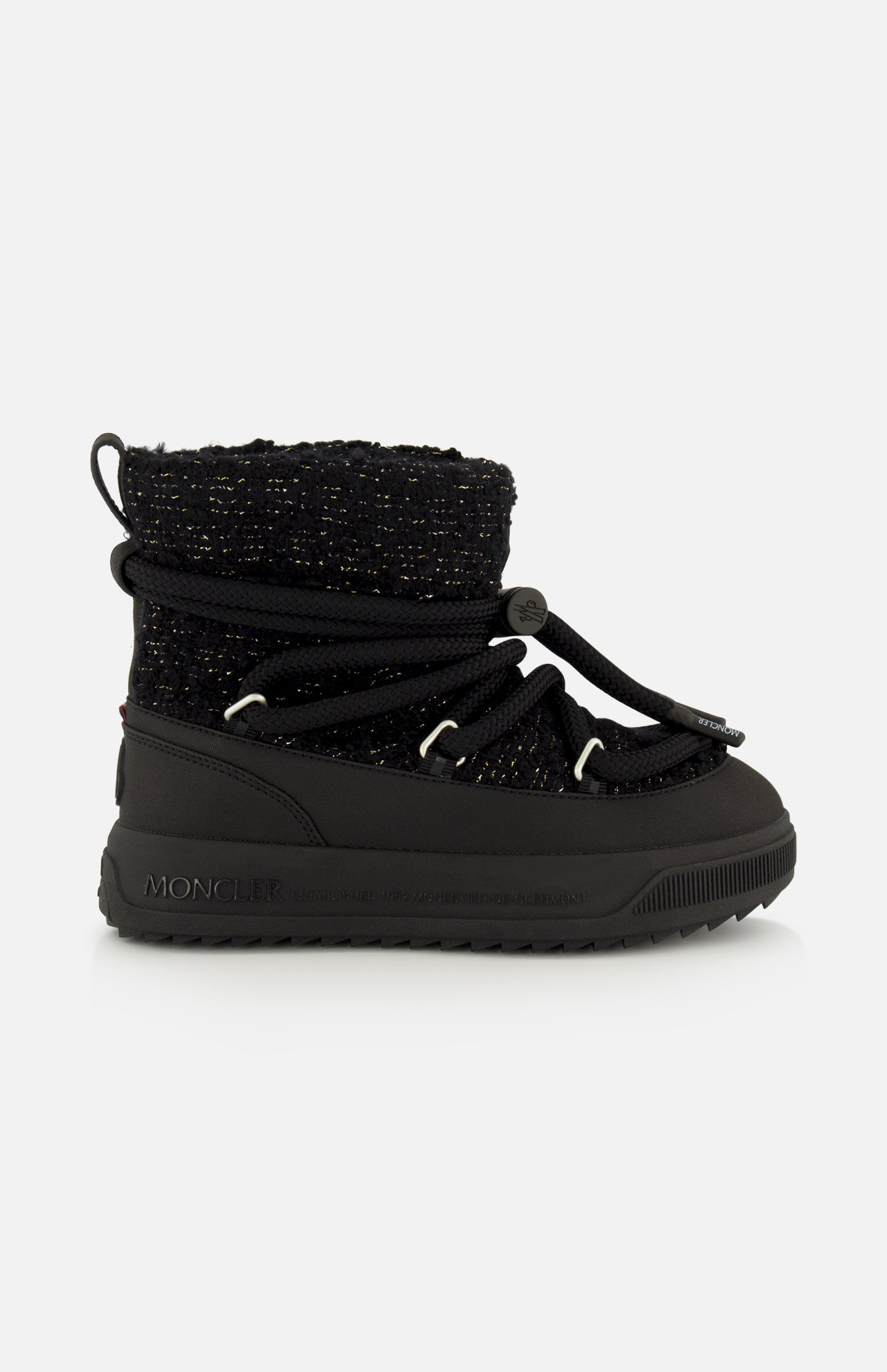 Black Moncler Altive Mid Snow Boots with a textured mid-calf upper, wraparound rope laces, and a thick, high-performance Vibram MEGAGRIP lugged rubber sole.