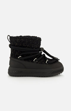 Black Moncler Altive Mid Snow Boots with a textured mid-calf upper, wraparound rope laces, and a thick, high-performance Vibram MEGAGRIP lugged rubber sole.