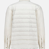 A back view of the MONCLER Bouclé Fabric Shacket Shirt in white, featuring a quilted puffer-style body and cotton-blend bouclé textured sleeves with buttoned cuffs.