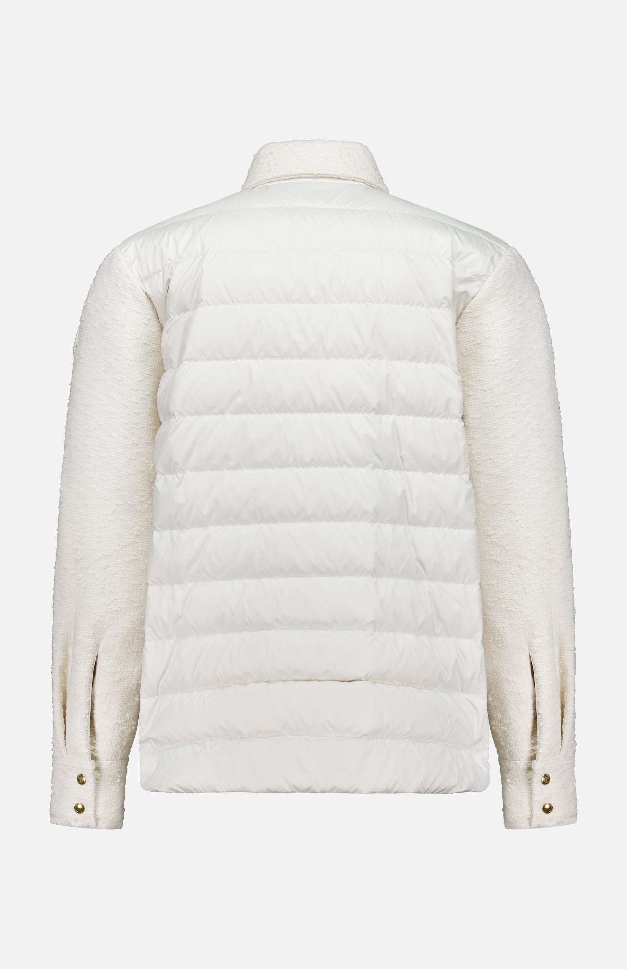 A back view of the MONCLER Bouclé Fabric Shacket Shirt in white, featuring a quilted puffer-style body and cotton-blend bouclé textured sleeves with buttoned cuffs.