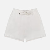 MONCLER Drawstring Eyelet Shorts in white cotton poplin feature an elastic waistband, drawstring tie, and subtle dotted texture. Comfortable and stylish for any casual occasion, shown on a plain white background.