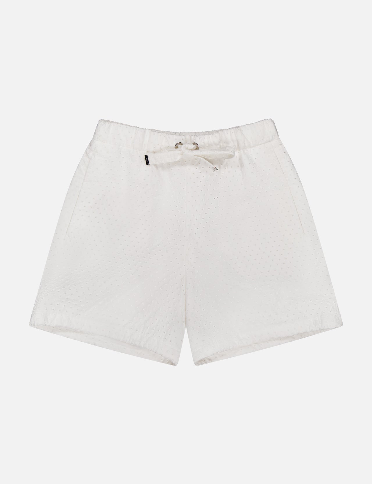 MONCLER Drawstring Eyelet Shorts in white cotton poplin feature an elastic waistband, drawstring tie, and subtle dotted texture. Comfortable and stylish for any casual occasion, shown on a plain white background.