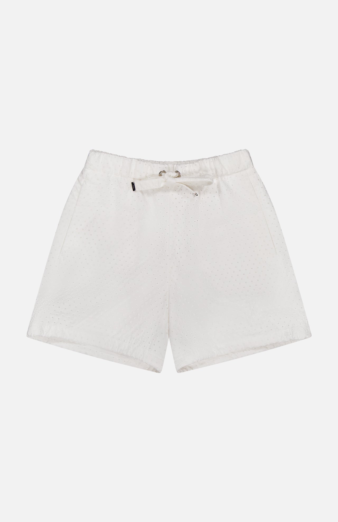 MONCLER Drawstring Eyelet Shorts in white cotton poplin feature an elastic waistband, drawstring tie, and subtle dotted texture. Comfortable and stylish for any casual occasion, shown on a plain white background.