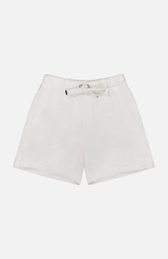 MONCLER Drawstring Eyelet Shorts in white cotton poplin feature an elastic waistband, drawstring tie, and subtle dotted texture. Comfortable and stylish for any casual occasion, shown on a plain white background.