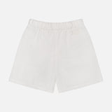 MONCLER Drawstring Eyelet Shorts in white, knee-length with an elastic waistband and subtle dotted texture, shown against a plain white background.