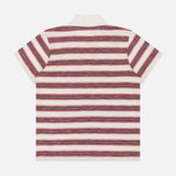 The MONCLER Striped Short Sleeve Polo showcases bold red, pink, green, and black horizontal stripes set against a white background. Laid flat to reveal the back, this stylish polo features a crisp white collar and matching sleeve cuffs—an ideal addition to elevate any men's casual wear collection.