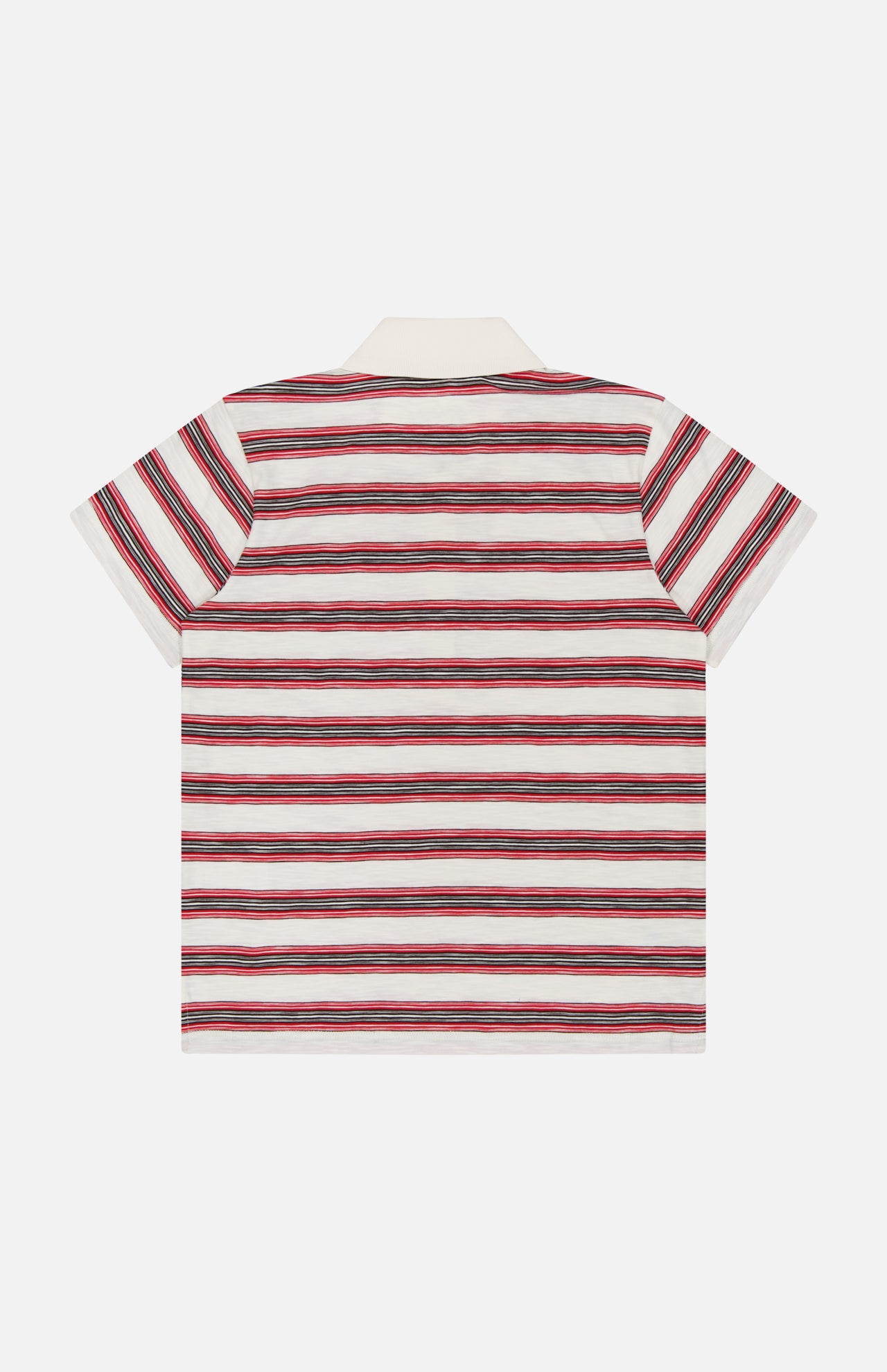 The MONCLER Striped Short Sleeve Polo showcases bold red, pink, green, and black horizontal stripes set against a white background. Laid flat to reveal the back, this stylish polo features a crisp white collar and matching sleeve cuffs—an ideal addition to elevate any men's casual wear collection.