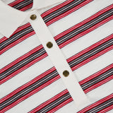 Close-up of the MONCLER Striped Short Sleeve Polo—a white polo shirt with red, black, and gray horizontal stripes—showcasing a white placket with three metal buttons and part of the collar in view. Perfect for men's casual wear.