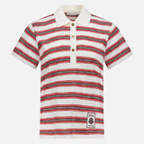 The MONCLER Striped Short Sleeve Polo features red, black, and white horizontal stripes, a white collar, three-button placket, and a branded patch with text near the hem—making it an ideal choice for men's casual wear.