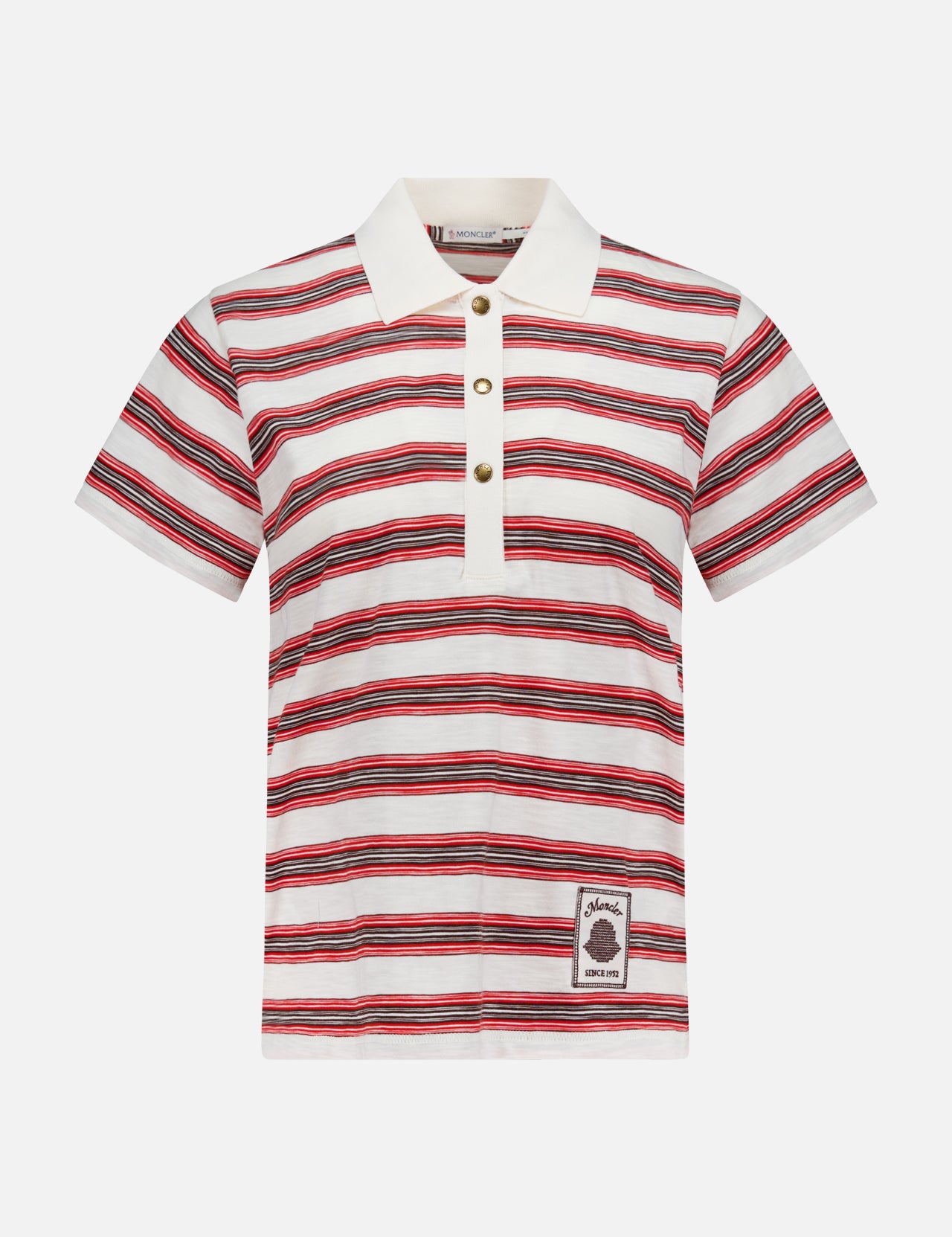 The MONCLER Striped Short Sleeve Polo features red, black, and white horizontal stripes, a white collar, three-button placket, and a branded patch with text near the hem—making it an ideal choice for men's casual wear.