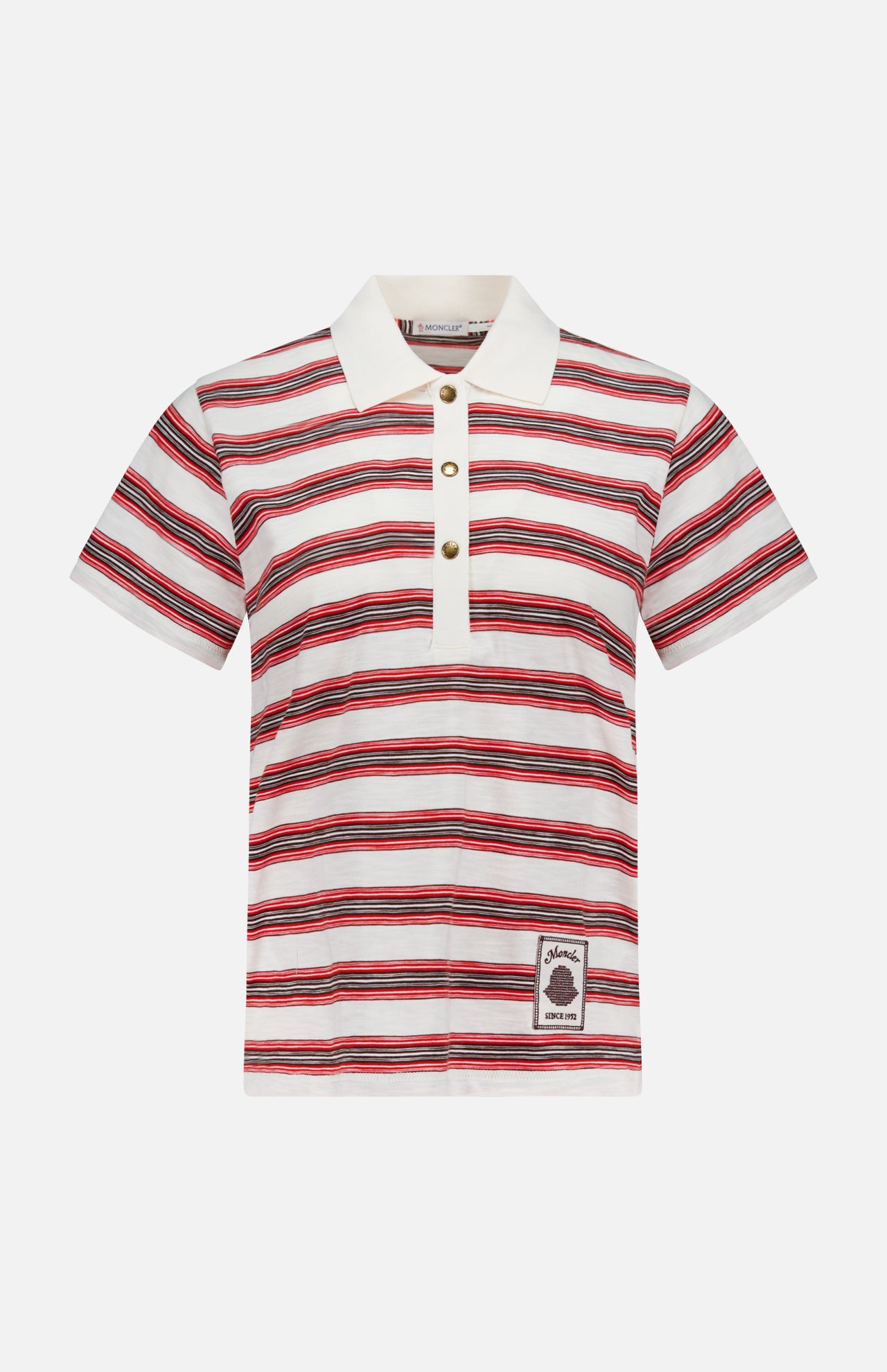 The MONCLER Striped Short Sleeve Polo features red, black, and white horizontal stripes, a white collar, three-button placket, and a branded patch with text near the hem—making it an ideal choice for men's casual wear.