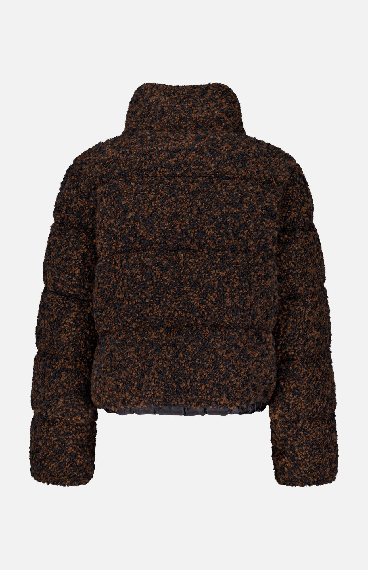 The MONCLER Trascendance Tweed Jacket is a brown and black textured, long-sleeve teddy jacket featuring a high collar and showcased against a plain white background. Channeling the timeless style of classic tweed, this cozy piece boasts a soft feel with a boxy, cropped fit—making it an elevated addition to any women’s outerwear collection.