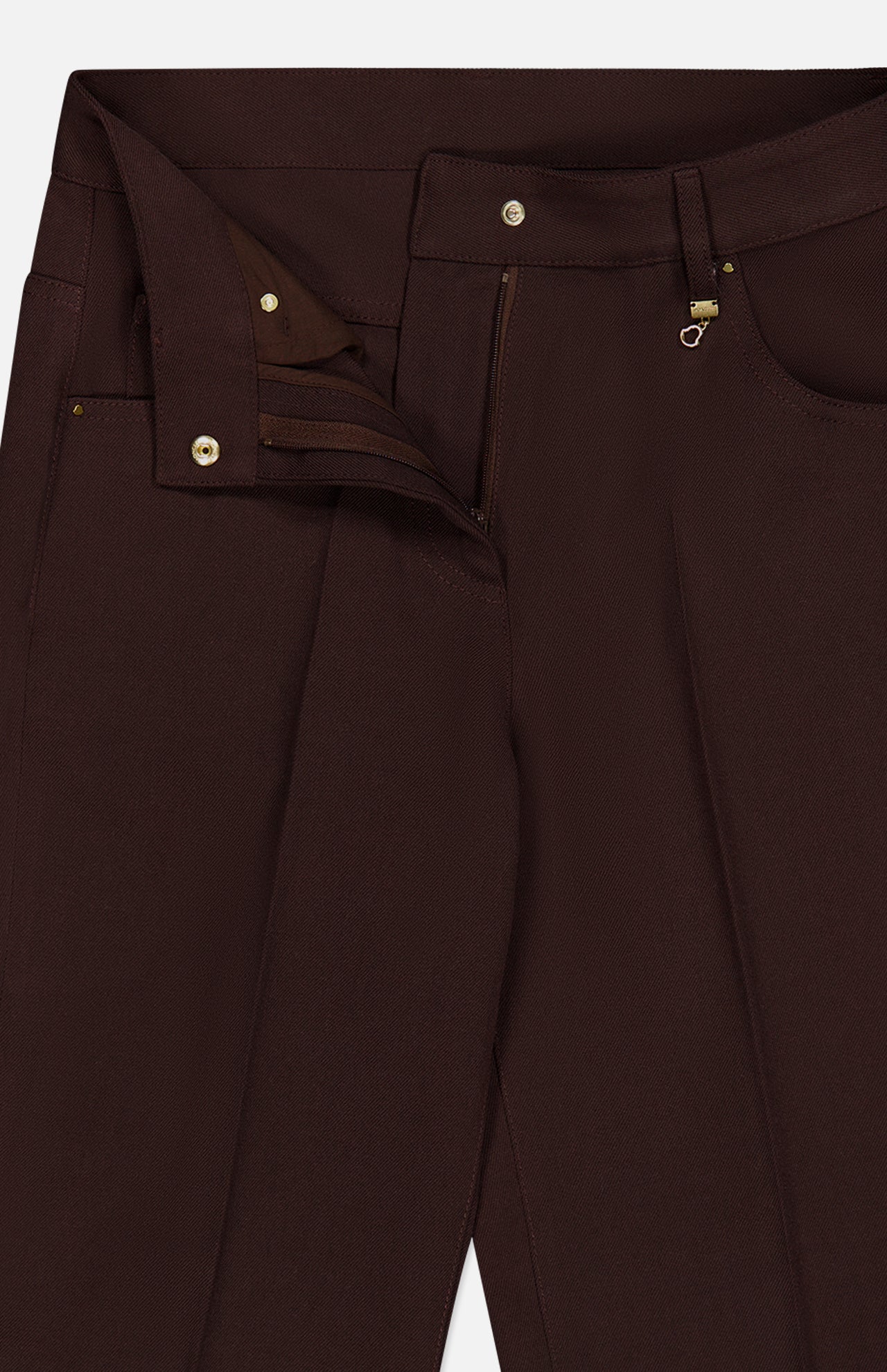A close-up of MONCLER Straight Leg Trouser Pants in brown wool gabardine, featuring a partially open zipper and button fly, with gold accents and front pockets.