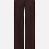 MONCLER Straight Leg Trouser Pants in dark brown wool gabardine, featuring belt loops, front pockets, and gold button and zipper detailing, displayed on a plain white background.