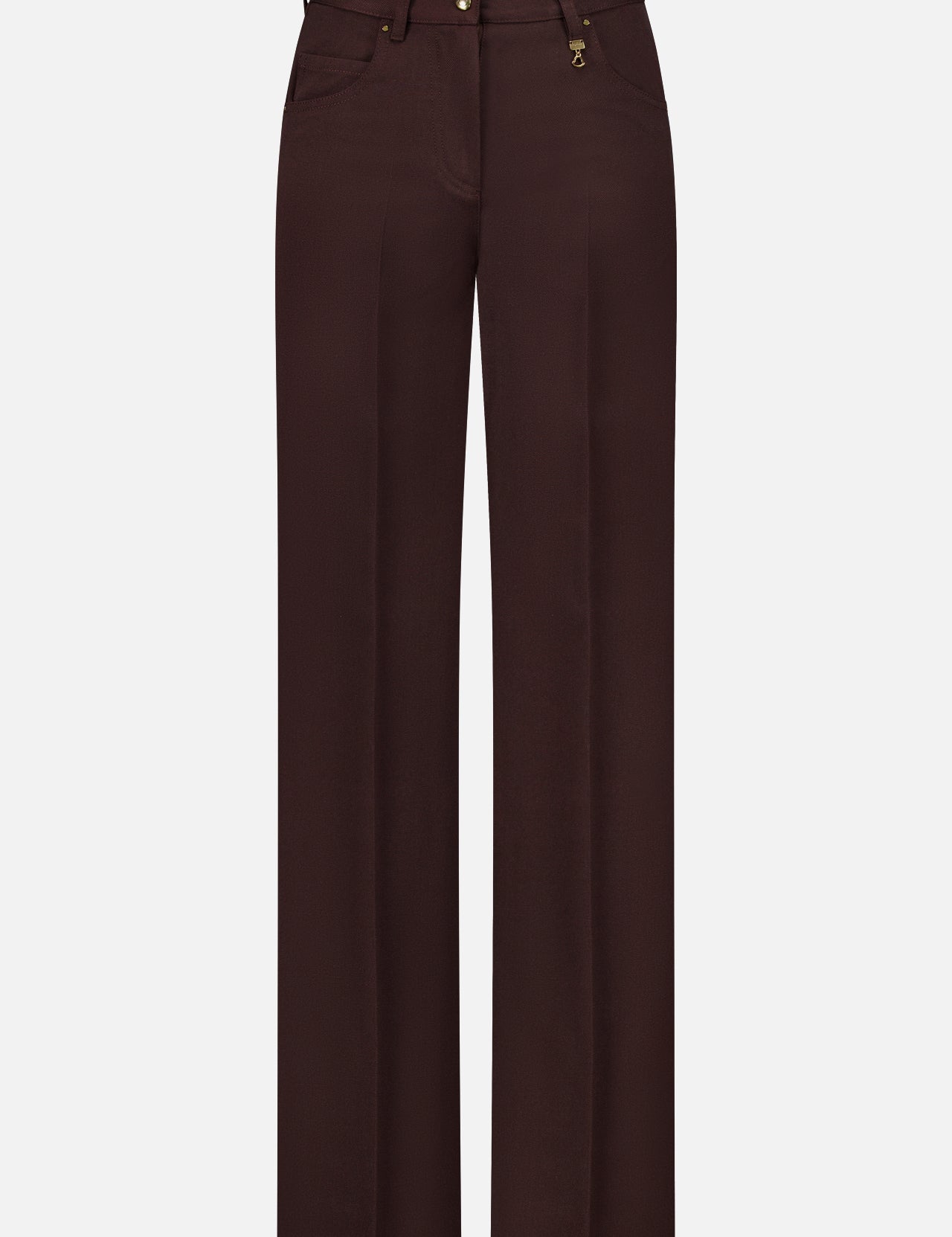 MONCLER Straight Leg Trouser Pants in dark brown wool gabardine, featuring belt loops, front pockets, and gold button and zipper detailing, displayed on a plain white background.