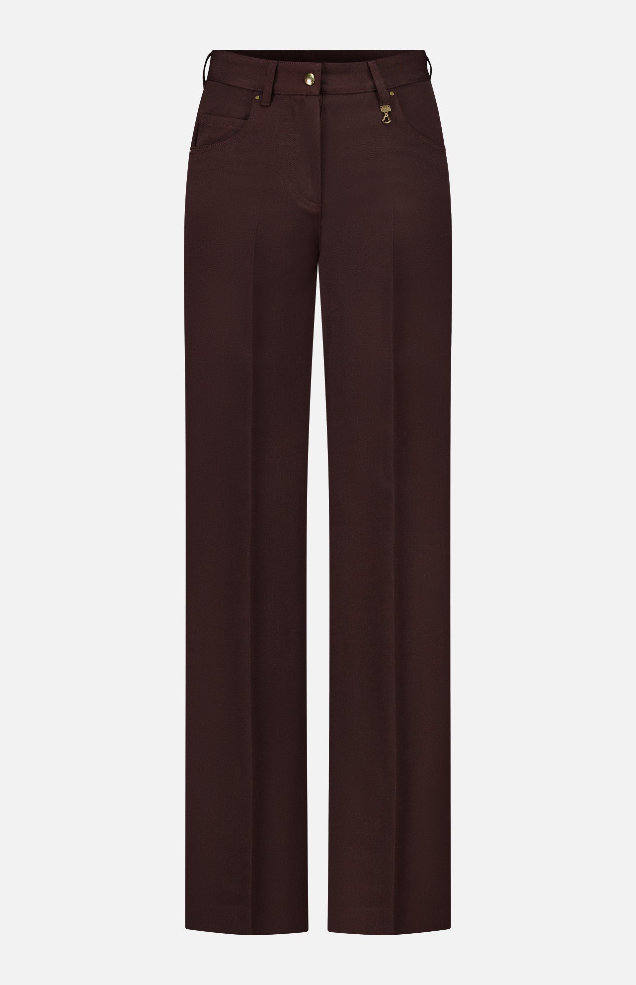 MONCLER Straight Leg Trouser Pants in dark brown wool gabardine, featuring belt loops, front pockets, and gold button and zipper detailing, displayed on a plain white background.