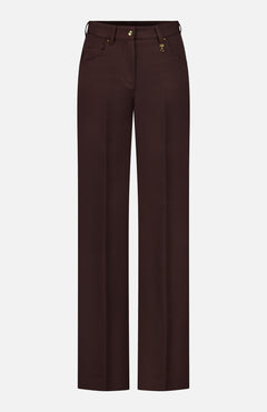 MONCLER Straight Leg Trouser Pants in dark brown wool gabardine, featuring belt loops, front pockets, and gold button and zipper detailing, displayed on a plain white background.