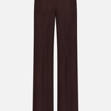 Back view of MONCLER Straight Leg Trouser Pants in dark brown wool gabardine, featuring a high waist, wide-leg silhouette, two back pockets, and belt loops, displayed against a plain white background.
