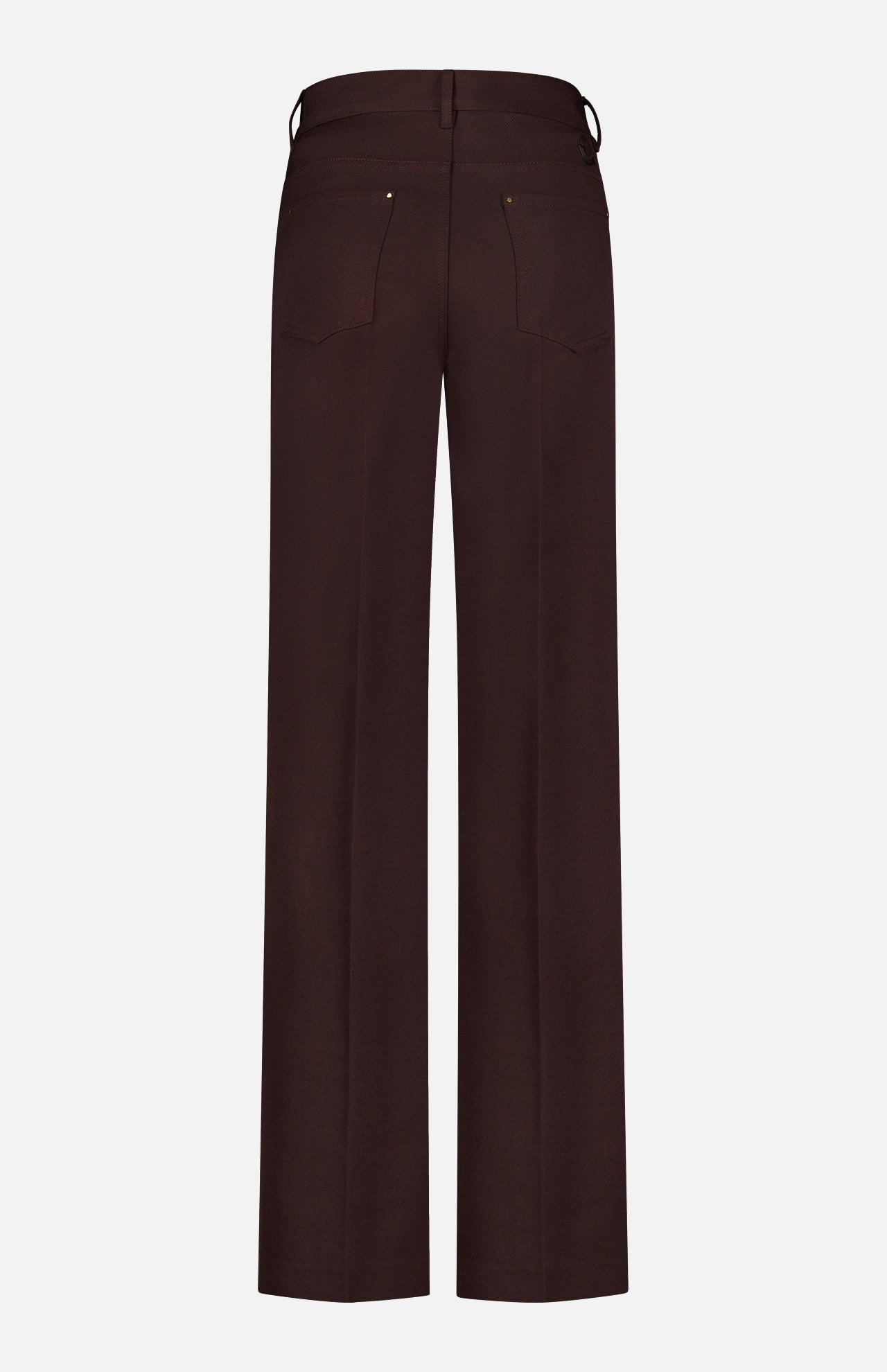 Back view of MONCLER Straight Leg Trouser Pants in dark brown wool gabardine, featuring a high waist, wide-leg silhouette, two back pockets, and belt loops, displayed against a plain white background.