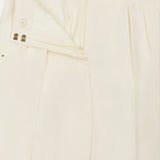 MONCLER Wide Leg Trousers in cream feature pleats, a partially open waistband with zipper, inner button, and hook-and-bar closure—a refined update of the classic trouser.