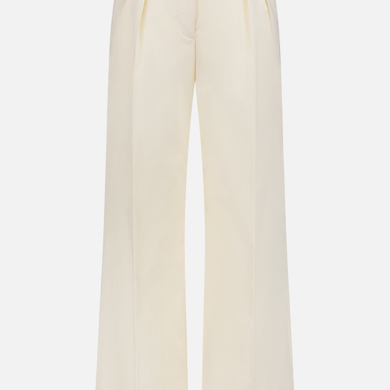 MONCLER Wide Leg Trousers in cream feature a high-rise fit, front pleats, side pockets, and belt loops, shown against a plain white background.