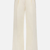 MONCLER Wide Leg Trousers in cream feature a high-rise fit, front pleats, side pockets, and belt loops, shown against a plain white background.