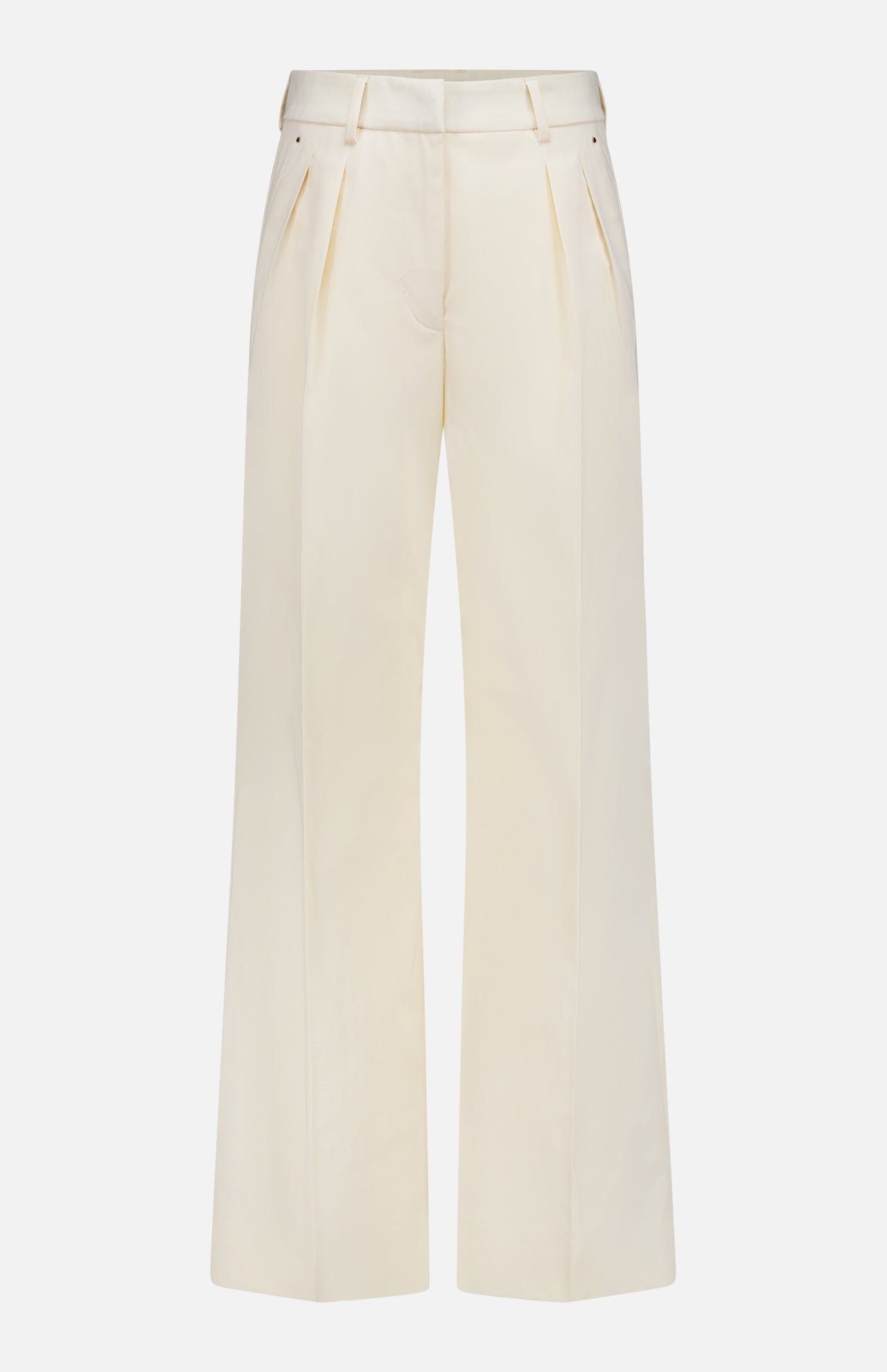 MONCLER Wide Leg Trousers in cream feature a high-rise fit, front pleats, side pockets, and belt loops, shown against a plain white background.