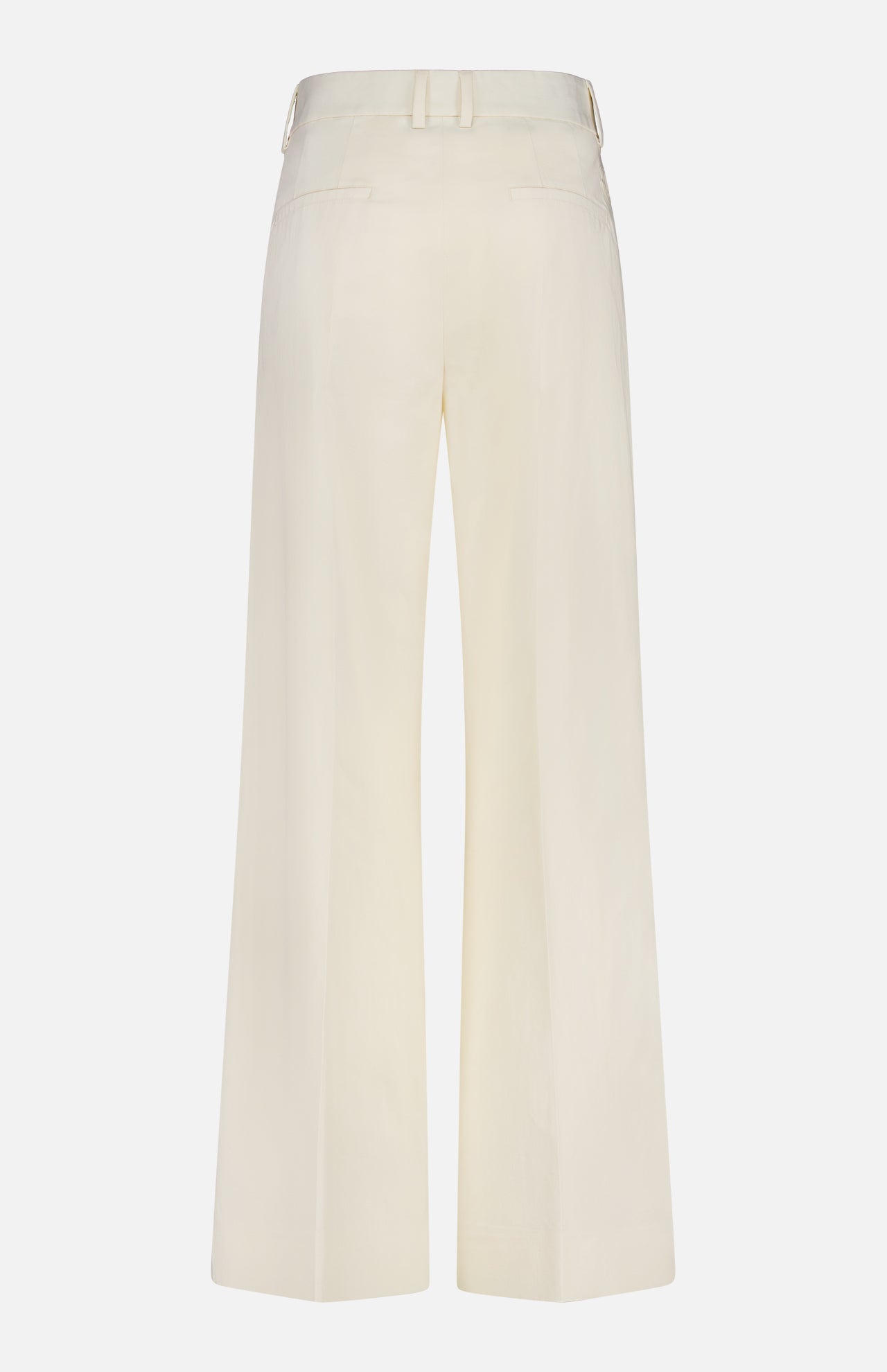 Back view of MONCLER Wide Leg Trousers in cream, with high rise, belt loops, and two back welt pockets, shown on a plain white background.
