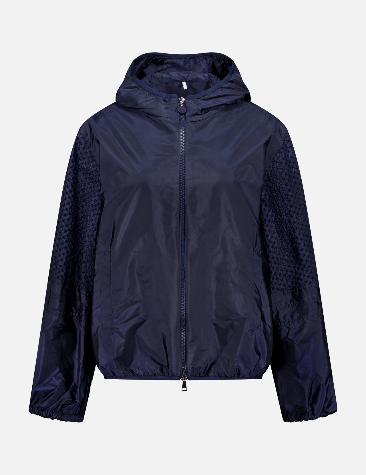 The MONCLER Zelkova Embroidered Sleeves Jacket is a lightweight navy hoodie with a front zipper and elastic cuffs, featuring subtly textured, embroidered sleeves, shown against a plain white background.