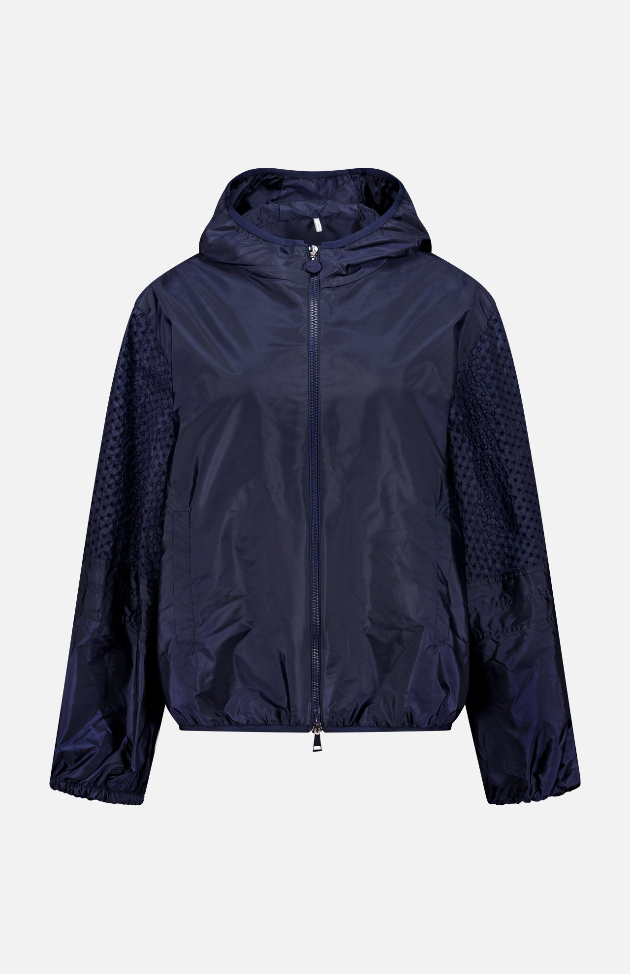 The MONCLER Zelkova Embroidered Sleeves Jacket is a lightweight navy hoodie with a front zipper and elastic cuffs, featuring subtly textured, embroidered sleeves, shown against a plain white background.