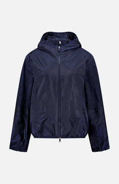 The MONCLER Zelkova Embroidered Sleeves Jacket is a lightweight navy hoodie with a front zipper and elastic cuffs, featuring subtly textured, embroidered sleeves, shown against a plain white background.