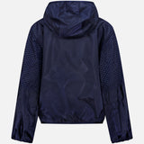 The MONCLER Zelkova Embroidered Sleeves Jacket is a lightweight navy piece with elastic cuffs and mesh-patterned embroidered sleeves, displayed from the back against a plain light background.
