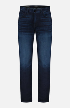 The MONFRERE Brando Vail jeans, shown against a white background, offer a slim-straight fit in dark blue denim with vintage appeal, five pockets, and a button waistband.