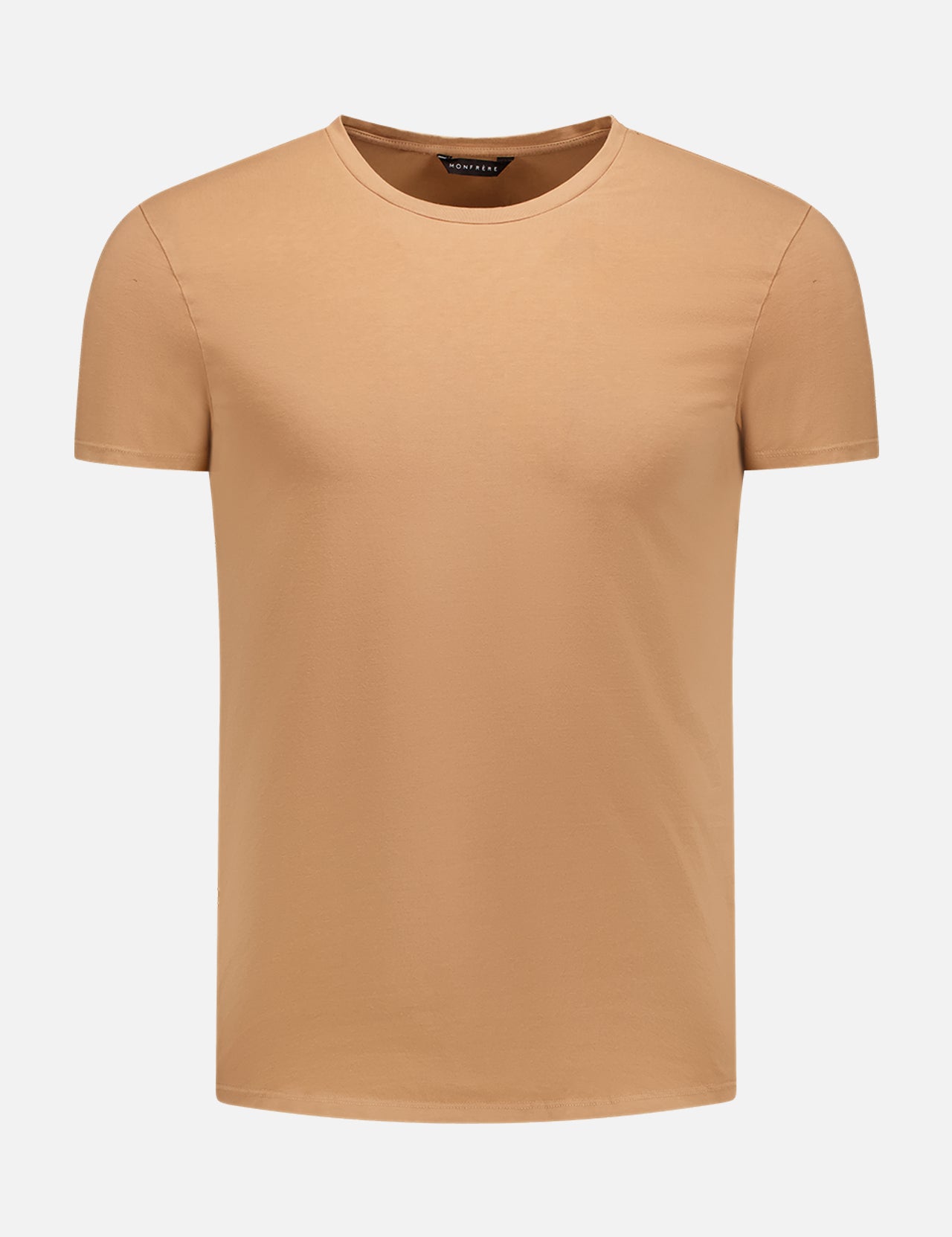 The MONFRERE Dann Teak T-shirt is a men's slim-fit, beige casual crewneck tee with short sleeves, shown on a white background.