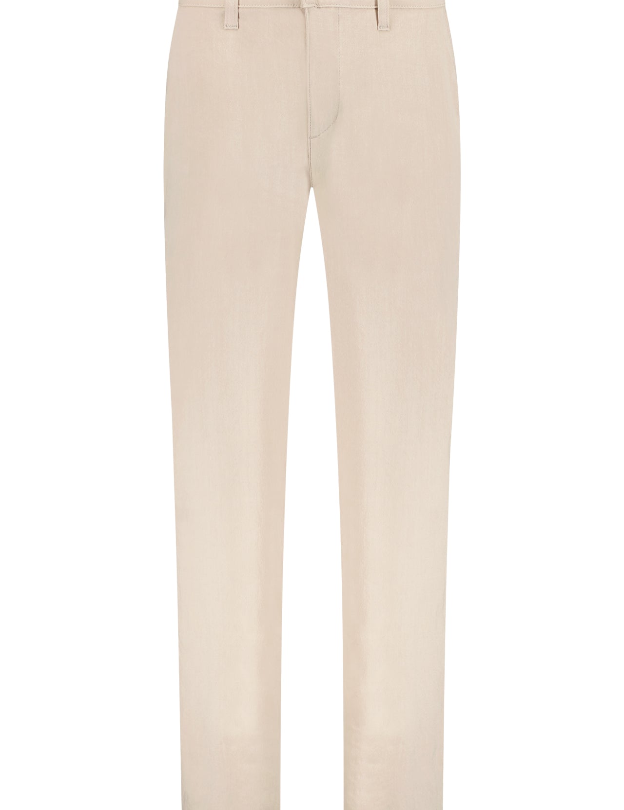 The MONFRERE Hugh Pant in beige features a mid rise, straight-leg silhouette, belt loops, button and zip closure, and no visible pockets, shown against a white background.